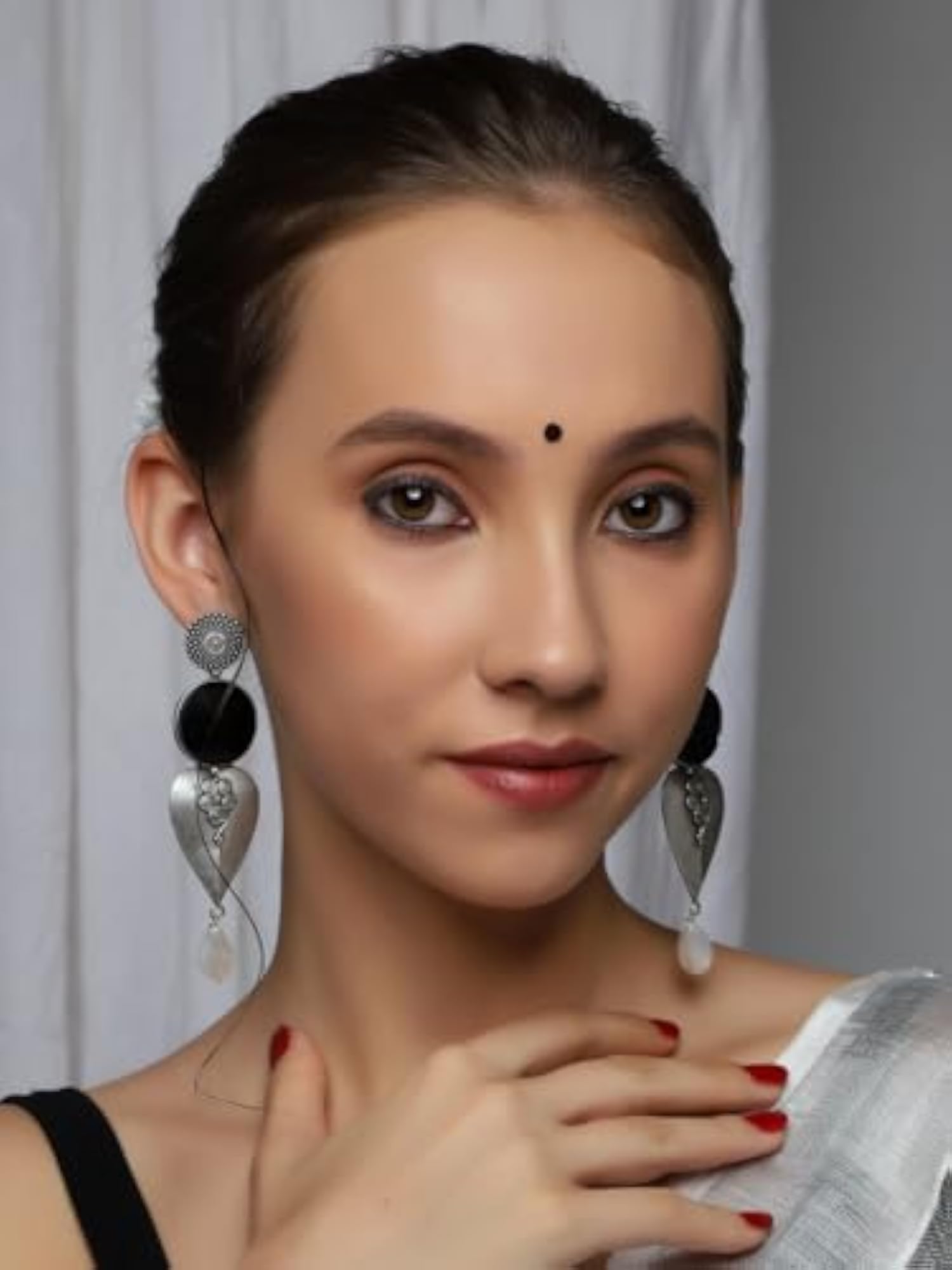 92.5 Silver Plated Oxidised Long Earrings in Black